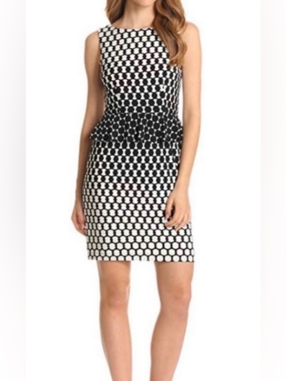 Donna Morgan Black & White Geometric‎ Sleeveless Peplum Waist Dress Size 16